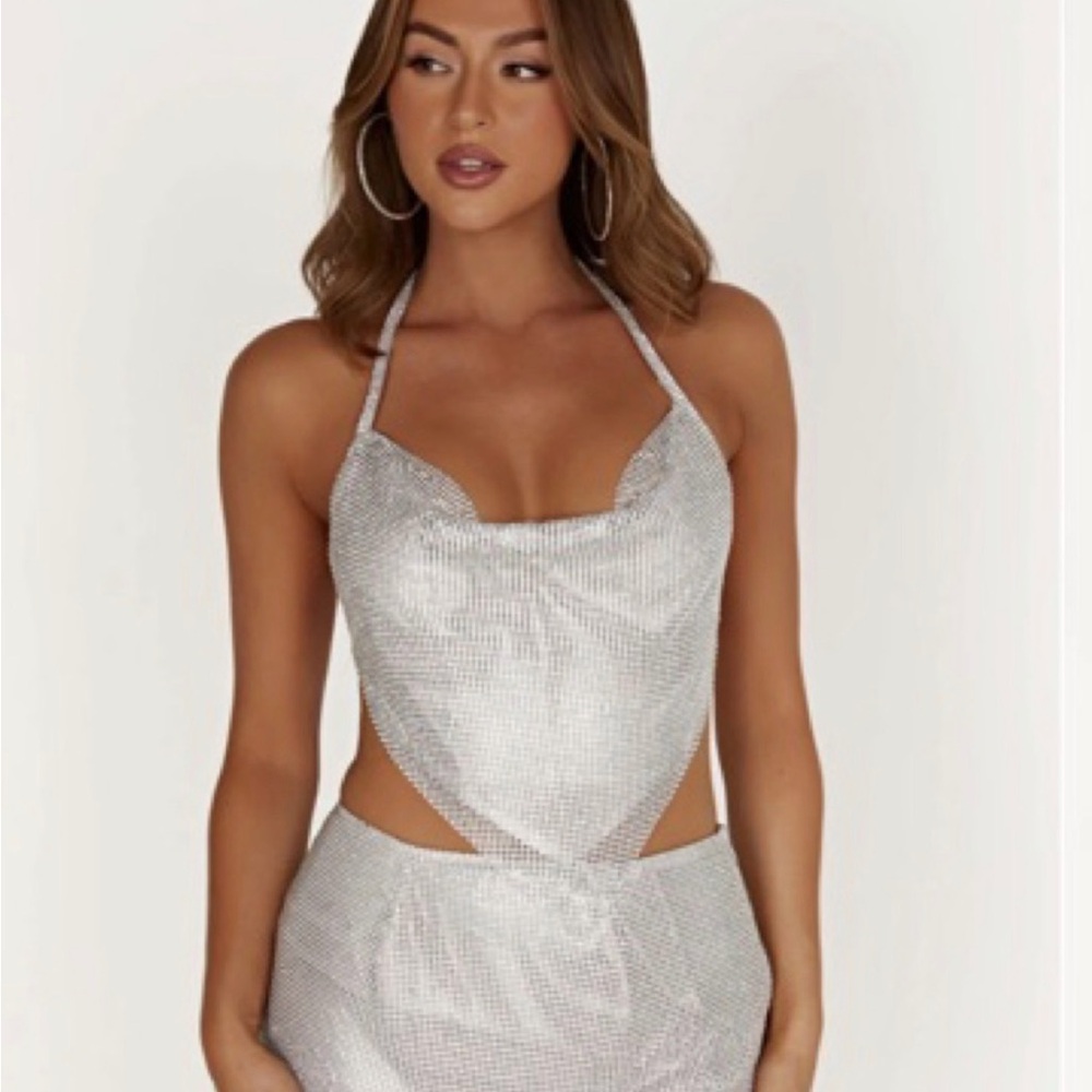 Meshki Diamanté Silver Sequin Halter Crop Top